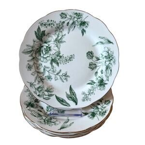 Medici Green Floral Toile Salad Plates 8in Set of 4 Scalloped Porcelain New
